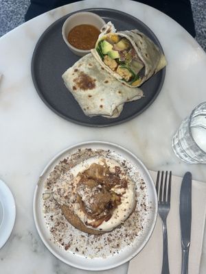 Chai pancakes and tempeh burrito  at Comoba in Lisbon