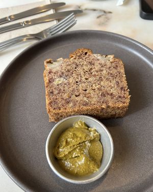 Banana bread with pistachio butter  at Comoba in Lisbon