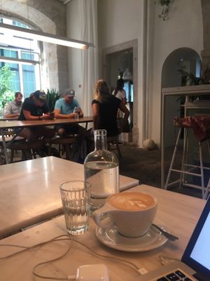 Latte with almond milk! at Comoba in Lisbon