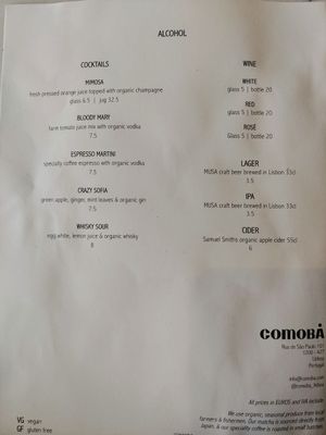 Menu at Comoba in Lisbon