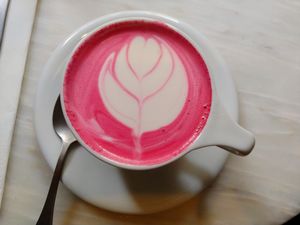 Beetroot latte with almond milk at Comoba in Lisbon
