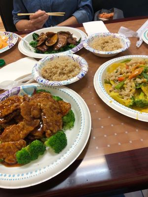 (from bottom left) orange seitan, black pepper seitan, malaysian curry at Pinellia in South Bend
