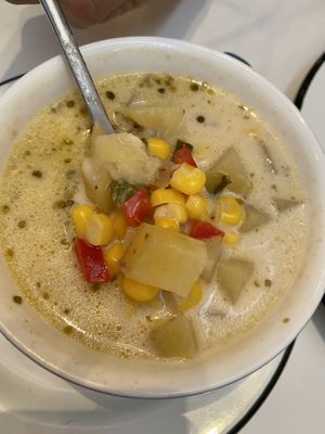 Vegan Corn and Potato Chowder  at Manzanita Market in Taos