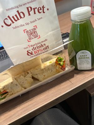 Green juice and vegan hummus wrap with crunchy salad at Pret A Manger - Great Marlborough St in London