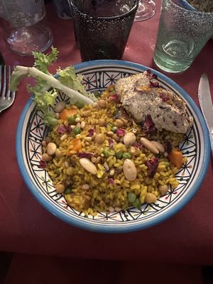 Magluba (rice, carrots, peas, potatoes, almonds, raisins, chickpeas) with amazing side of hummus  at Frary's in Venice