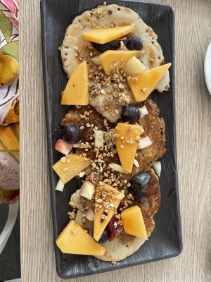 Pancakes with fruit  at Amour Patisserie Vegetale in Nice