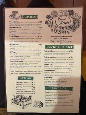 Menu  at Green Falafel in Cusco