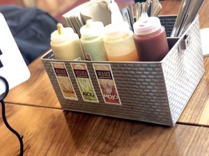 Sauces; unsure which — if any — are vegan.  at Pica Pica Arepa Kitchen in San Francisco