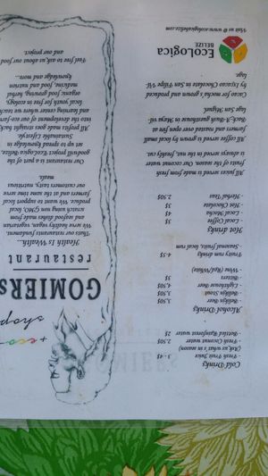 Current menu as of July 2017, side two. Please note, that alcohol is no longer served because the owners of the property that Gomier rents from are 7th Day Adventist.  at Gomier's in Punta Gorda