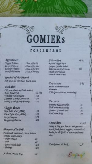 Current menu as of July 2017, side one at Gomier's in Punta Gorda