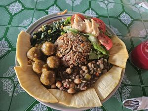 House made vegan meatball platter with breadfruit at Gomier's in Punta Gorda