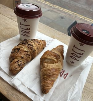 Hot chocolate, latte, plain croissant and chocolate croissant .  at Pret A Manger- Deansgate in Manchester