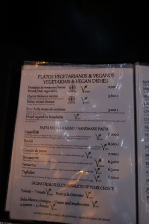 Pasta menu with vegan options labelled at Ristorante Pizzeria Cahuita in Cahuita