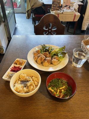 The recommended set with fried soy meat, it came with soup, brown rice and some sides/pickles   at Nagi Shokudo in Kamakura
