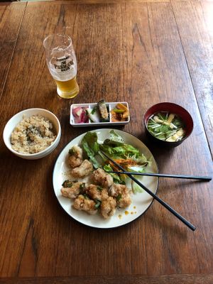 Delicious vegan mean. Nagi A with lunch beer! Perfect tokyo hole in the wall and gracious and welcoming server and chef!  at Nagi Shokudo in Kamakura