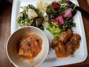 fried soy meat, tofu in tomato curry, potatoes and greens at Nagi Shokudo in Kamakura