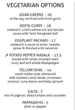 Veg menu at Hanuman in Darwin