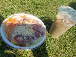 taco bowl with fake cheese, soy latte at Veggies Deli Box Cafe - Food Truck in Tokyo