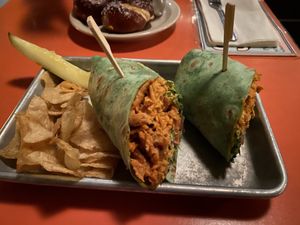 Buffalo soy curls in spinach wrap at The Bye and Bye in Portland