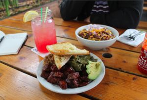 Bye and Bye cocktail and the BBQ plate. Those collards were so good! at The Bye and Bye in Portland