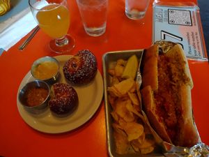 Meatball sub and pretzel knots/twists at The Bye and Bye in Portland