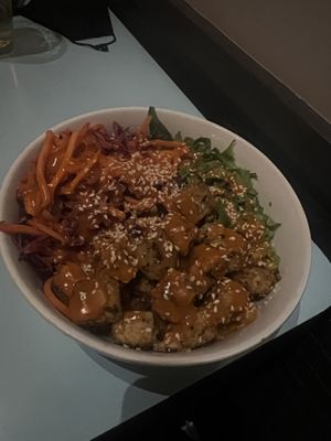 Miso ginger bowl with added tempeh and greens instead of rice   at The Bye and Bye in Portland