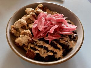 Obie’s Bowl (with cornmeal breaded tempeh)  at The Bye and Bye in Portland