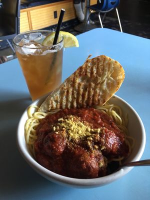 Spaghetti with vegan meatballs. And an ice tea. Yummy. at The Bye and Bye in Portland