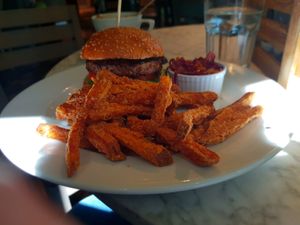Vegan Burger with Sweet Potato Fries at The Lost Coin in Haverfordwest