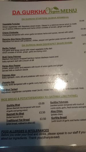 Vegan menu at Da Gurkha Fine Dining in Liverpool