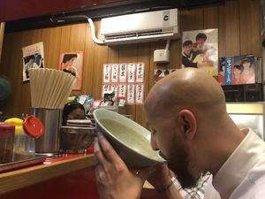 Every. Last. Drop. Check out those 80 vibes. at TàiLáng ZhōngHuá Lāmiàn in Tainan