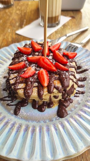 35 - Vegan Pancakes w/ vegan nutella and strawberries at Bonbon Cafe in Lanzarote