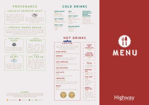 Highway menu page 1. Local ingredients info, bakery info, key, cold & hot drinks. at Highway Garden and Leisure Restaurant in Norwich