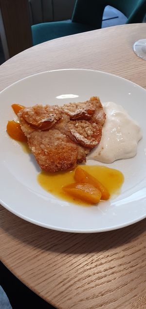 Apricot tart with homemade vanilla sauce at Venuss - Herrengasse in Vienna