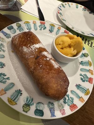 Apple sopapillas with vegan mango sorbet   at Blue Margarita in Bucharest