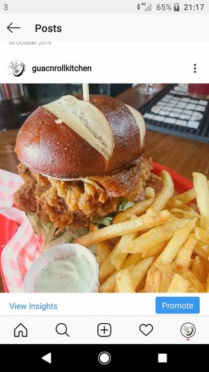 Sweet chilli chik'n mayo burger with added seitan bacon! at Guac 'n' Roll in Liverpool