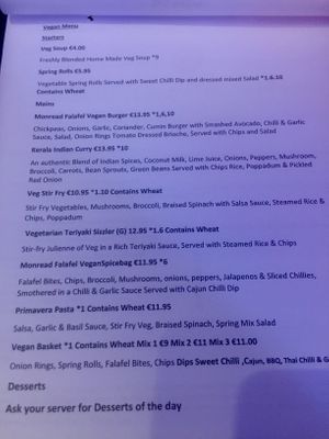 Their vegan menu as of July '18 at The Monread in Naas