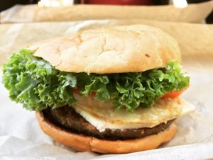 The Lot - the best burger with vegan egg and pineapple at Lord of the Fries in Queenstown