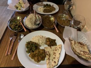 A la carte: okra, peas & potatoes, and eggplant at Aroma Cuisine of India in Castro Valley
