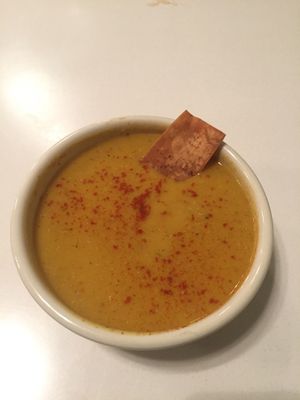 Vegan lentil soup with chips  at Pita Barn in Victorville