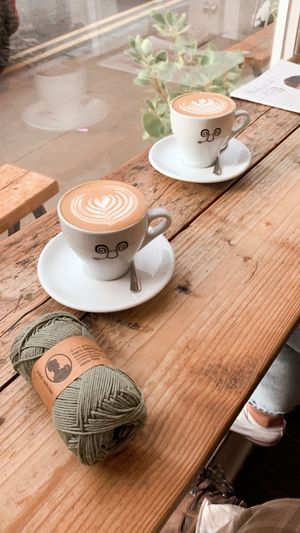 Lattes and knitting 🧶   at Jaunty Goat - Bridge St in Chester