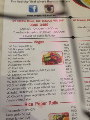 Vegan menu at Wrap 'n' Rice Thai Cafe in Cottesloe