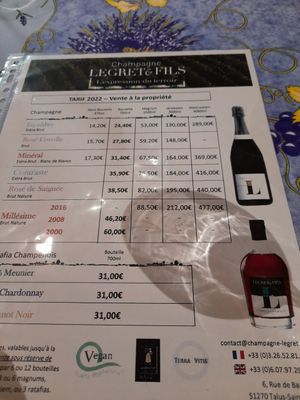 Preisliste at Champagne Legret & Fils in Talus-saint-prix