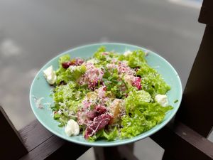 SALAD (V,GF) 
baby potatoes with plant 'butter' 2 types of pickled cucumbers, rubbed radish, beetroot mayo dressing, dill, smoked vegan cheddar, mustard seed, salat at Relax na Wilczej in Warsaw