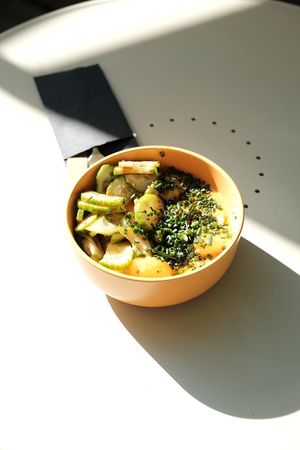 POTATO MOCHI 
potato dumplings/ gochujang ‘cheese’ sauce/chives/cucumber
 at Relax na Wilczej in Warsaw