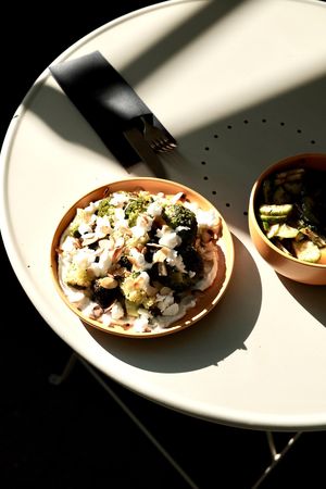 BROCCOLI (GF)
garlic ‘labneh’/vegan ‘feta’/herbal olive/caramelised almond flakes at Relax na Wilczej in Warsaw