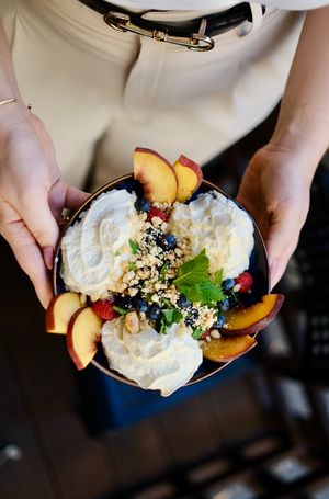  SWEET TOFU DUMPLINGS (V,GF)
tofu dumplings / blackberries jam/raspberries
/blackcurrants/vegan ‘cream’/crumble/fresh fruits/mint
 at Relax na Wilczej in Warsaw