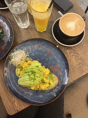avo toast, oat milk cappuccino and fresh orange juice  at Relax na Wilczej in Warsaw
