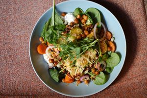 SWEET POTATO SALAD 

sweet potatoes/crispy brussels sprouts & chickpeas/
carrot/spinach/tzatziki/
onion/soya-ginger sauce/ vegan ‘feta’
 at Relax na Wilczej in Warsaw