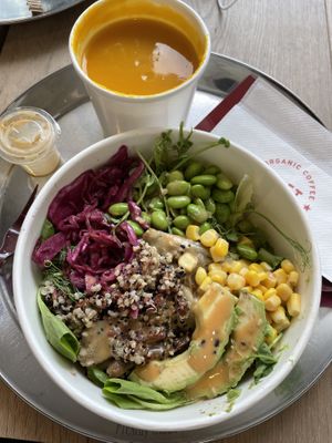 Roasted eggplant salad bowl and pumpkin soup  at Pret A Manger - Exchange Tower in Kowloon